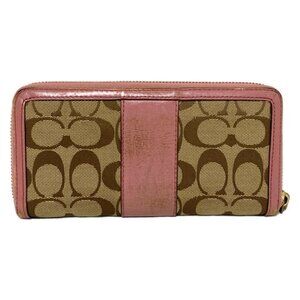 Auth COACH Signature - Khaki Pink Jacquard Leather Long Wallet